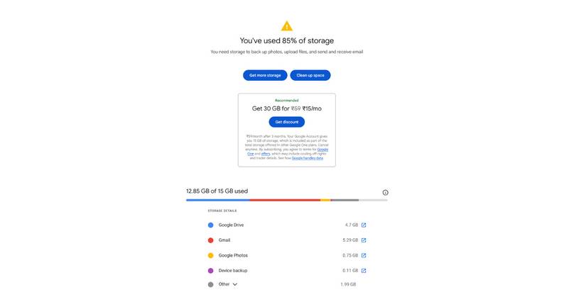 Captura de tela mostrando a página de armazenamento do Google One