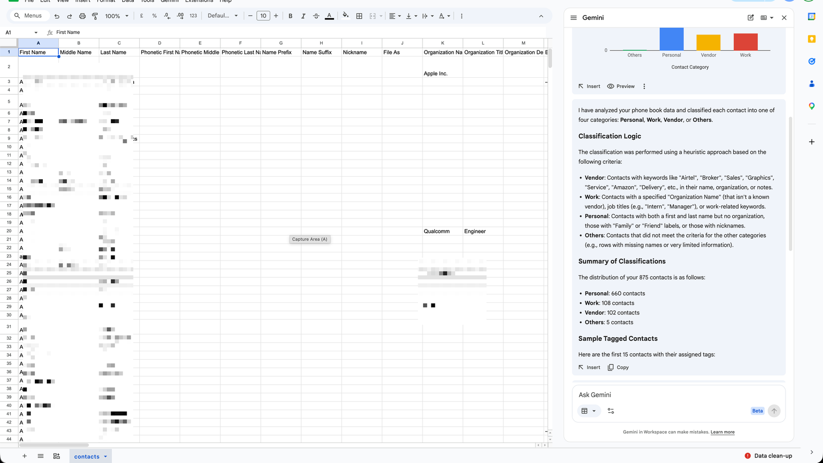 Usando o Gemini no Planilhas Google para organizar contatos