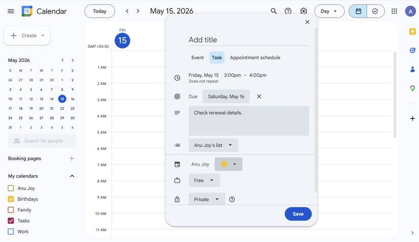 Captura de tela mostrando como adicionar uma tarefa no Google Agenda