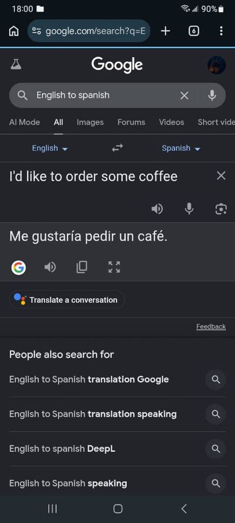 Google Translate web version showing English to Spanish translation