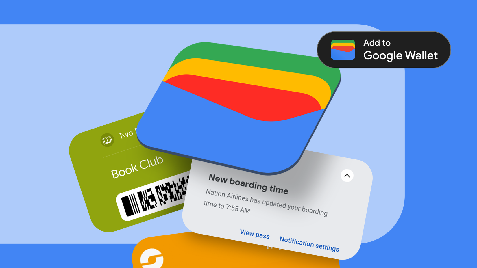 Carteira do Google na frente dos cartões de fidelidade e do cartão de embarque, com o botão