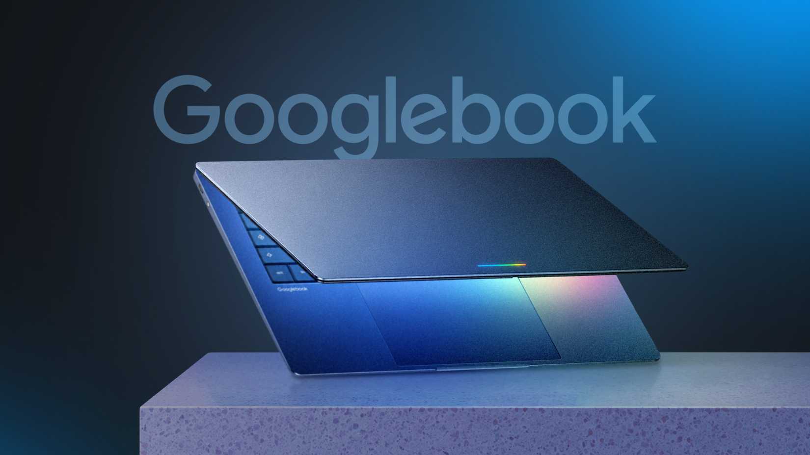 Googlebook laptop floating above a platform with soft blue lighting on a dark background