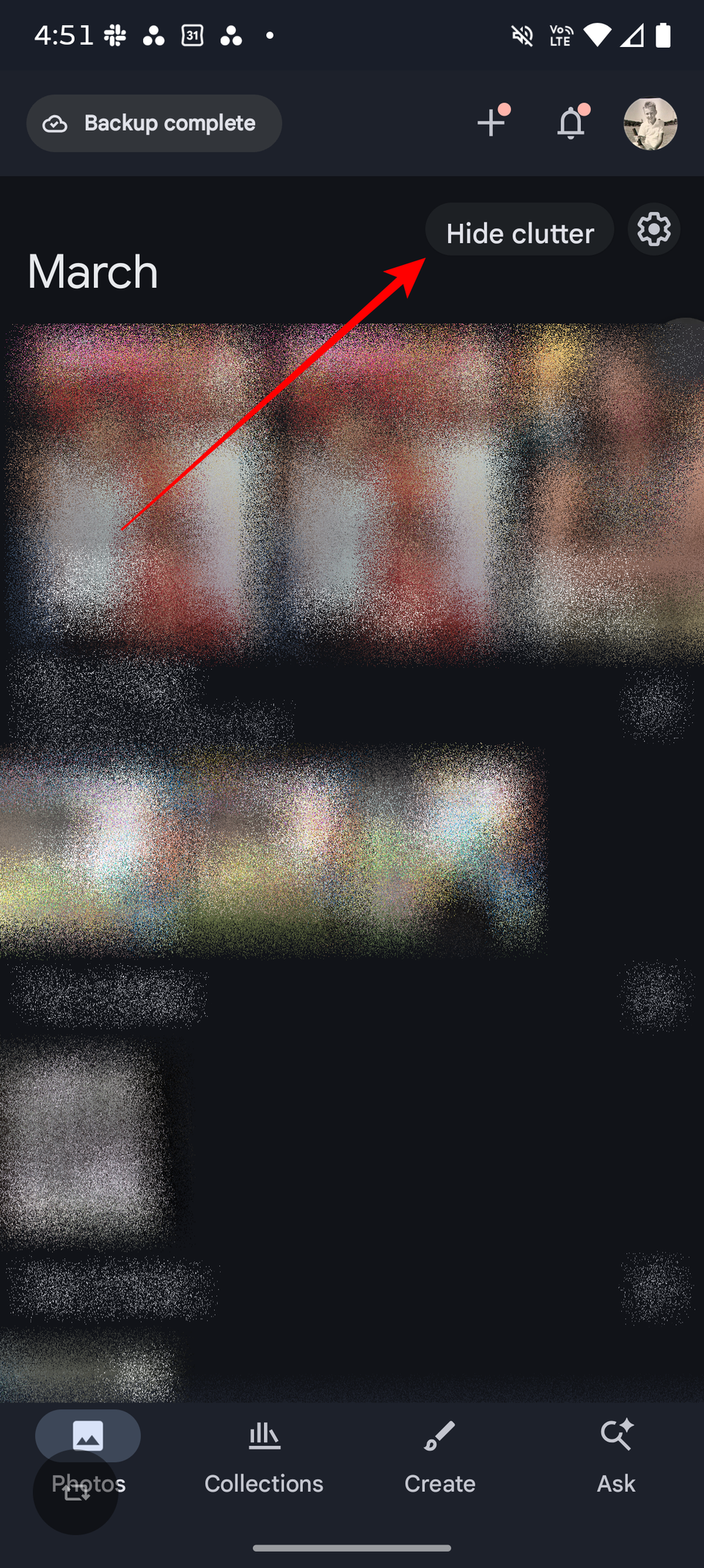 Screenshot showing the hide clutter shortcut in Google Photos