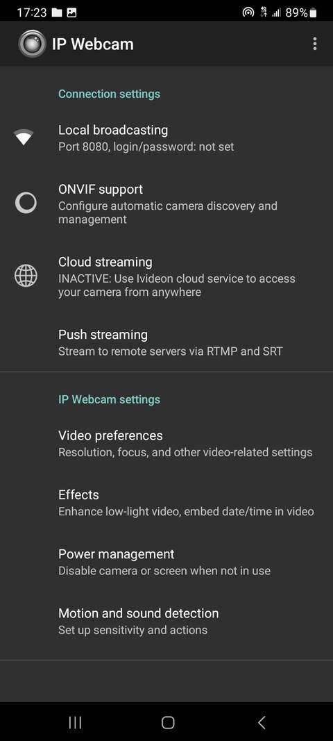 IP Webcam connection settings