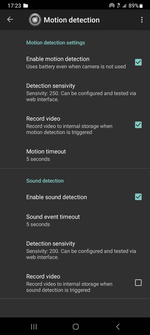 IP Webcam motion and sound detection settings