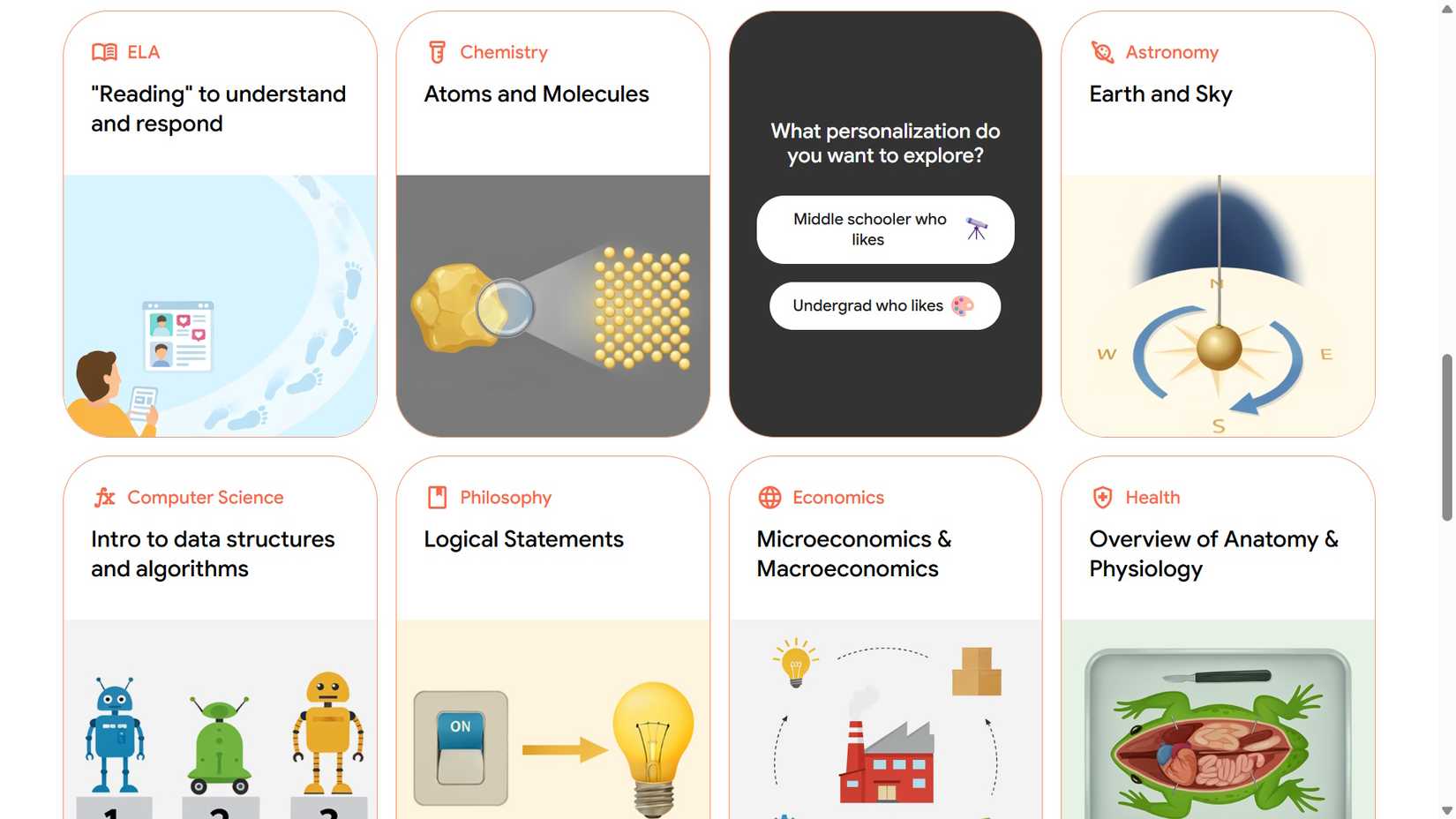 the preset personalization options available for a given lesson on Learn Your Way