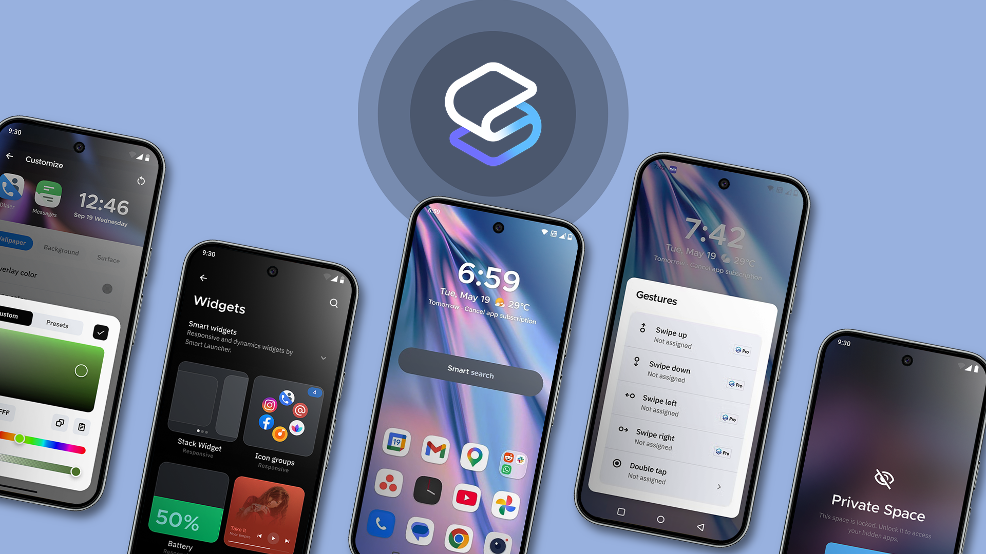Più smartphone che visualizzano la schermata iniziale di Smart Launcher 6 e le funzionalità di personalizzazione