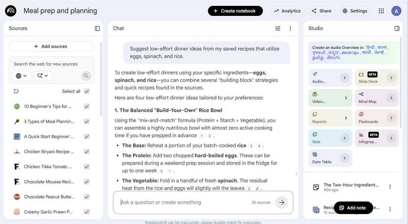 Screenshot showing how to plan a meal in NotebookLM