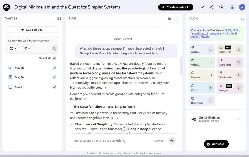 Screenshot showing how to organize thoughts using NotebookLM