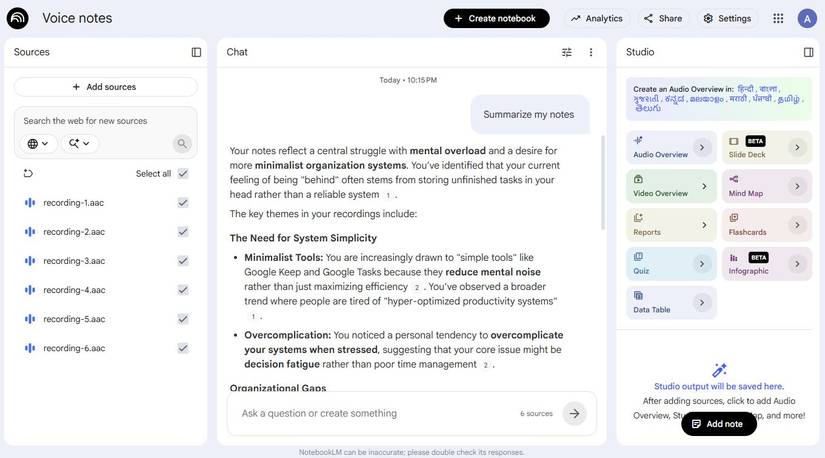 Screenshot showing a summary of voice notes in NotebookLM