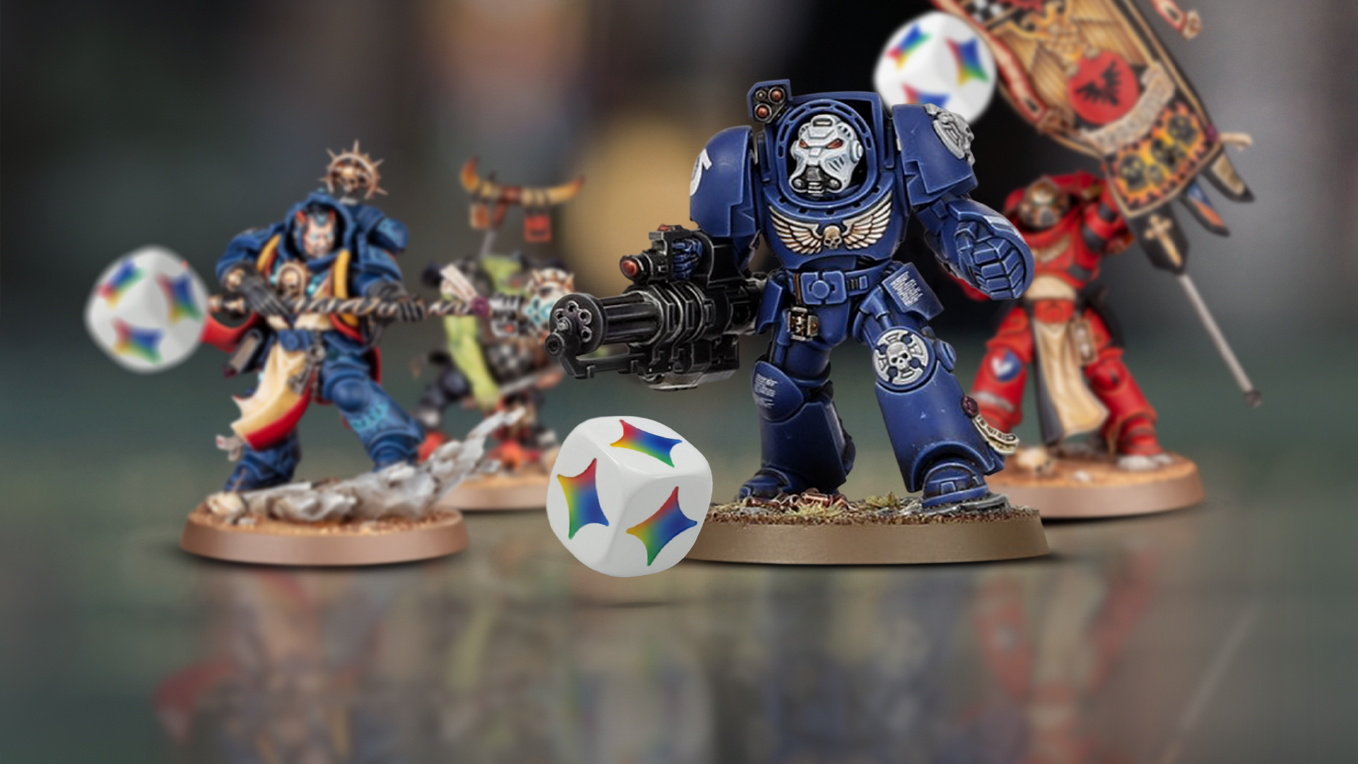 Painted Warhammer 40k miniatures, standing among falling Gemini dice.
