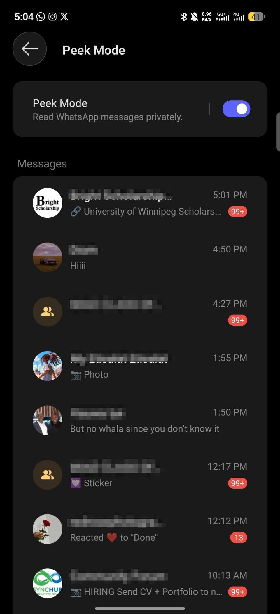 Peek Mode menu showing list of WhatsApp chats 