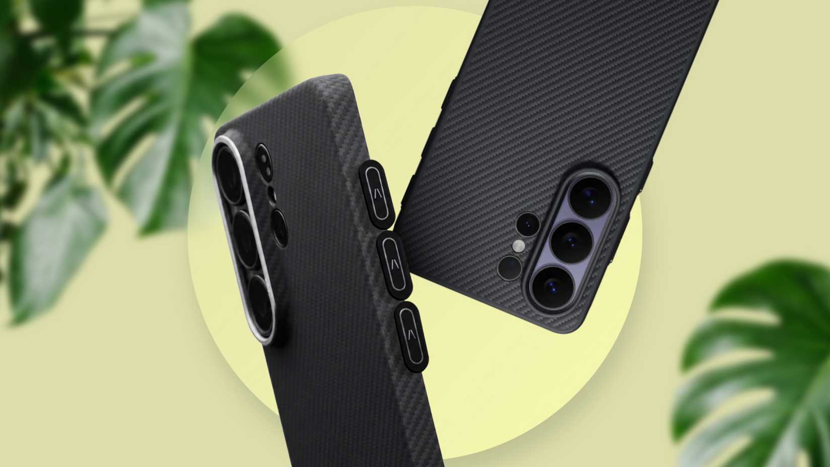 Two Galaxy S26 Ultra phones in carbon fiber Pitaka cases, highlighting three additional physical side buttons