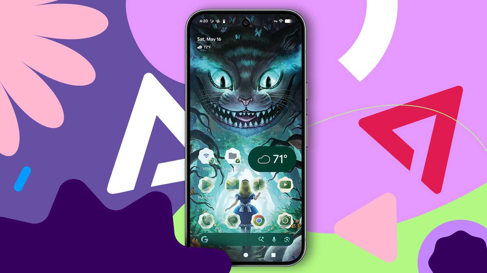 Telefono Pixel con schermata iniziale personalizzata di Android 16, caratterizzata da colorate icone Material You e da uno sfondo fantasy stilizzato.