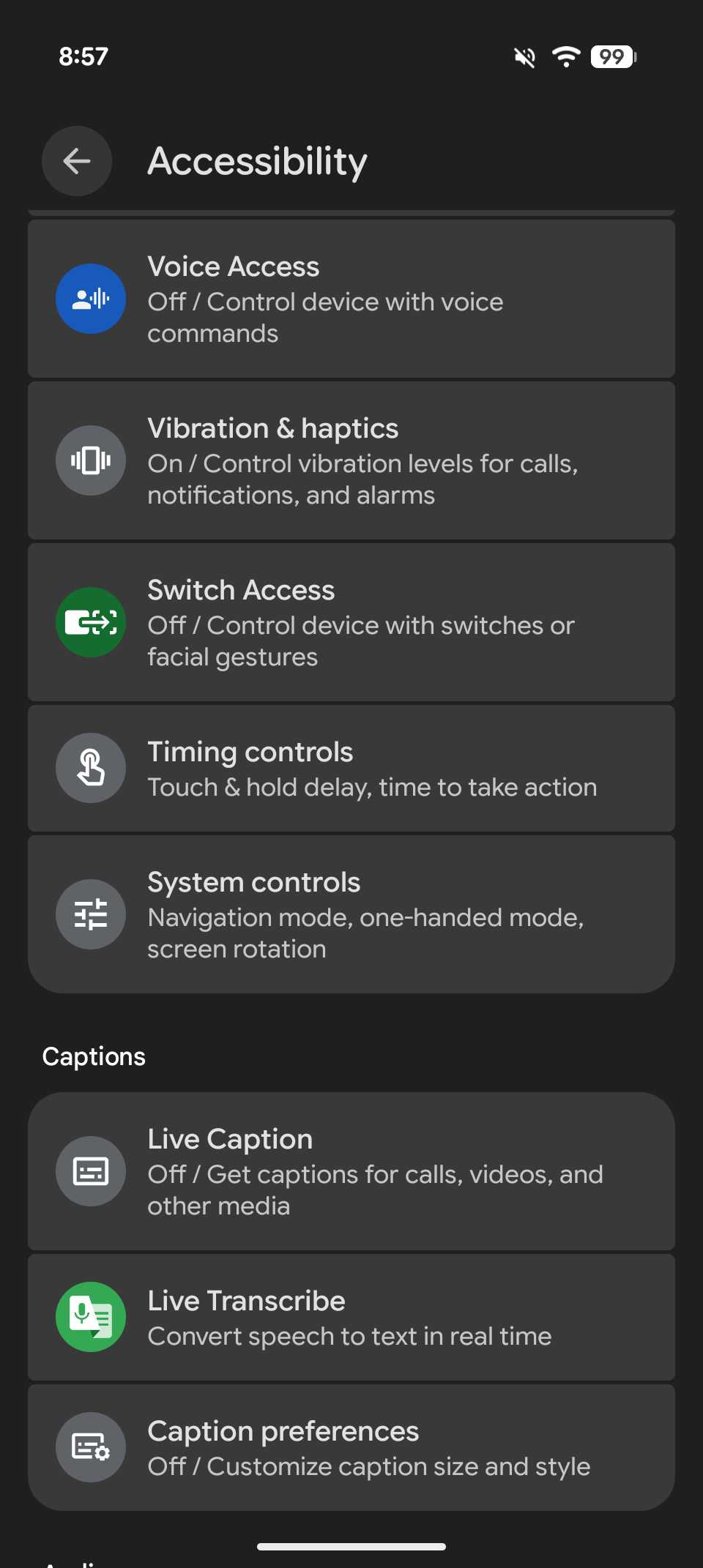 Various Accessibility Settings on Pixel Device