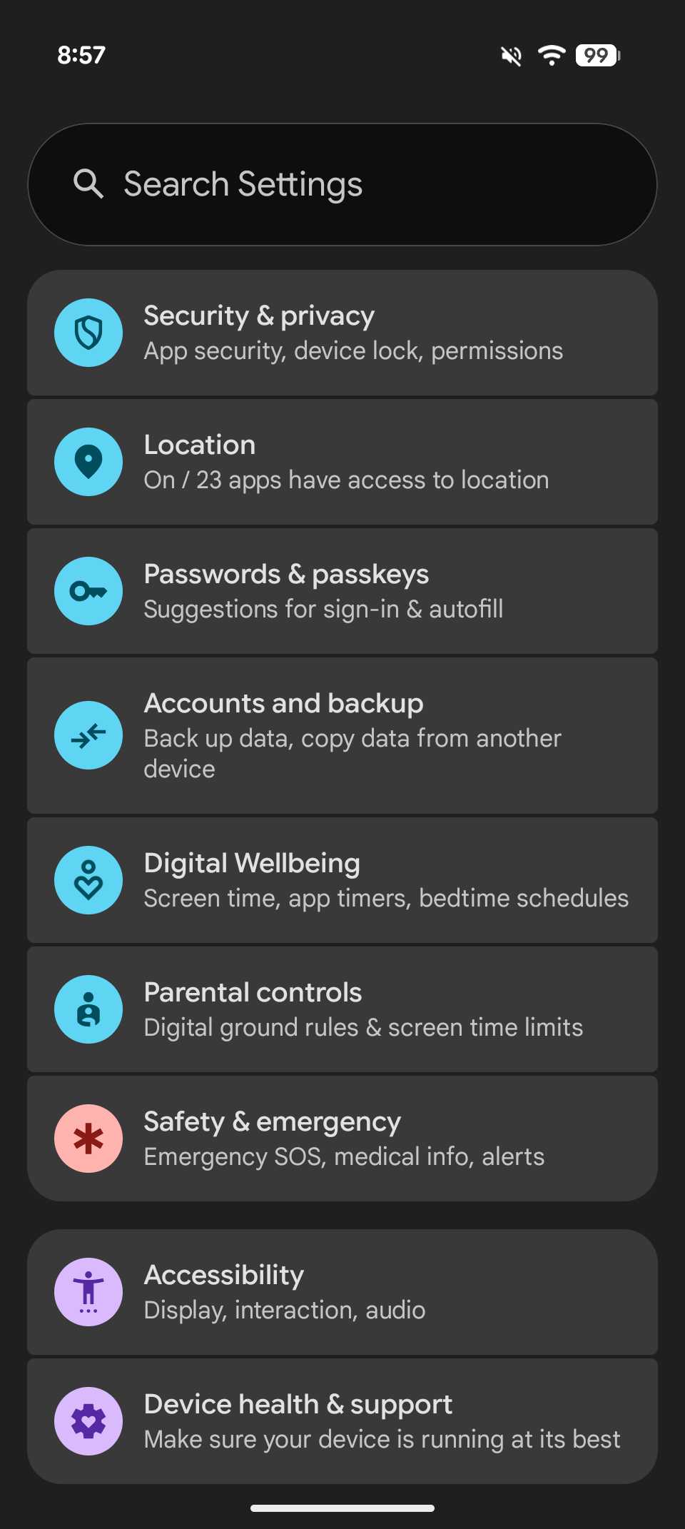 Pixel settings app showing options like security and privacy, location, digital well-being, accessibility and more