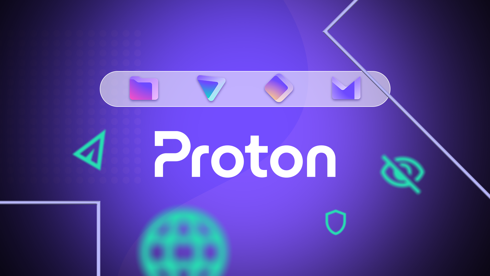 Proton logo with Proton app icons on a purple background with privacy and security symbols.