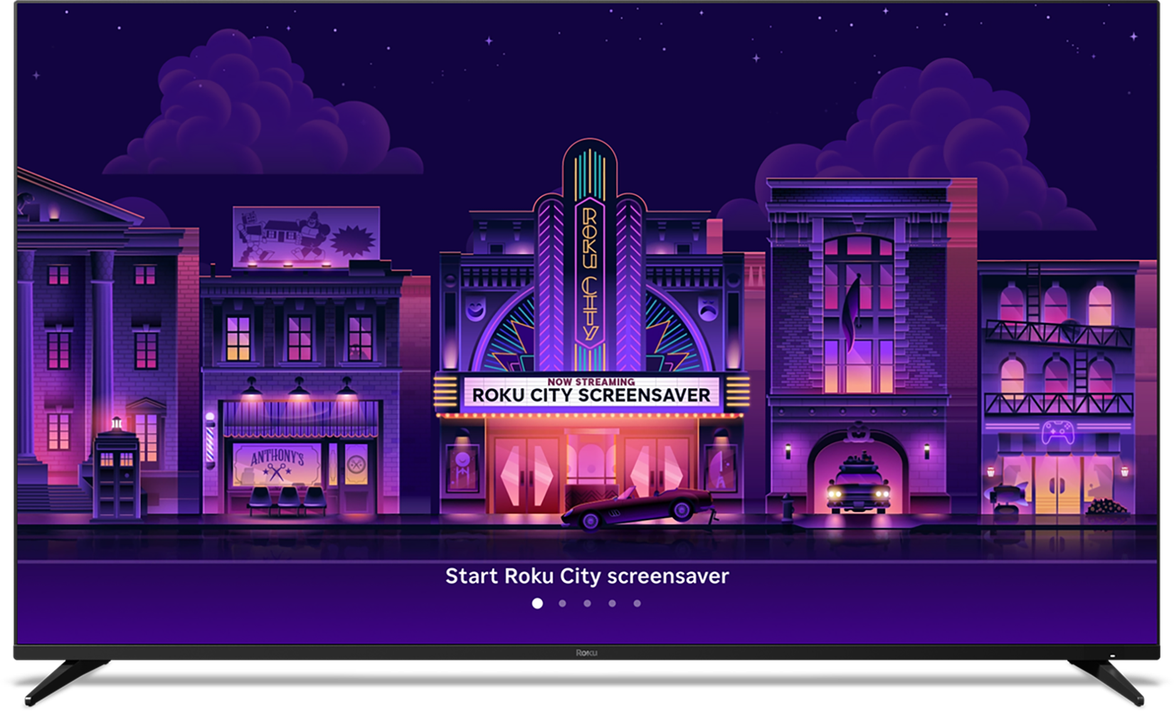 movie theater in Roku City with Start Roku City Screensaver written on it