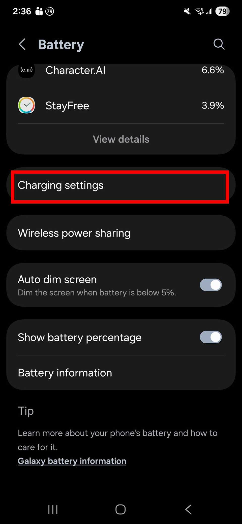 Red rectangle outline highlighting Charging settings in Samsung's Battery settings