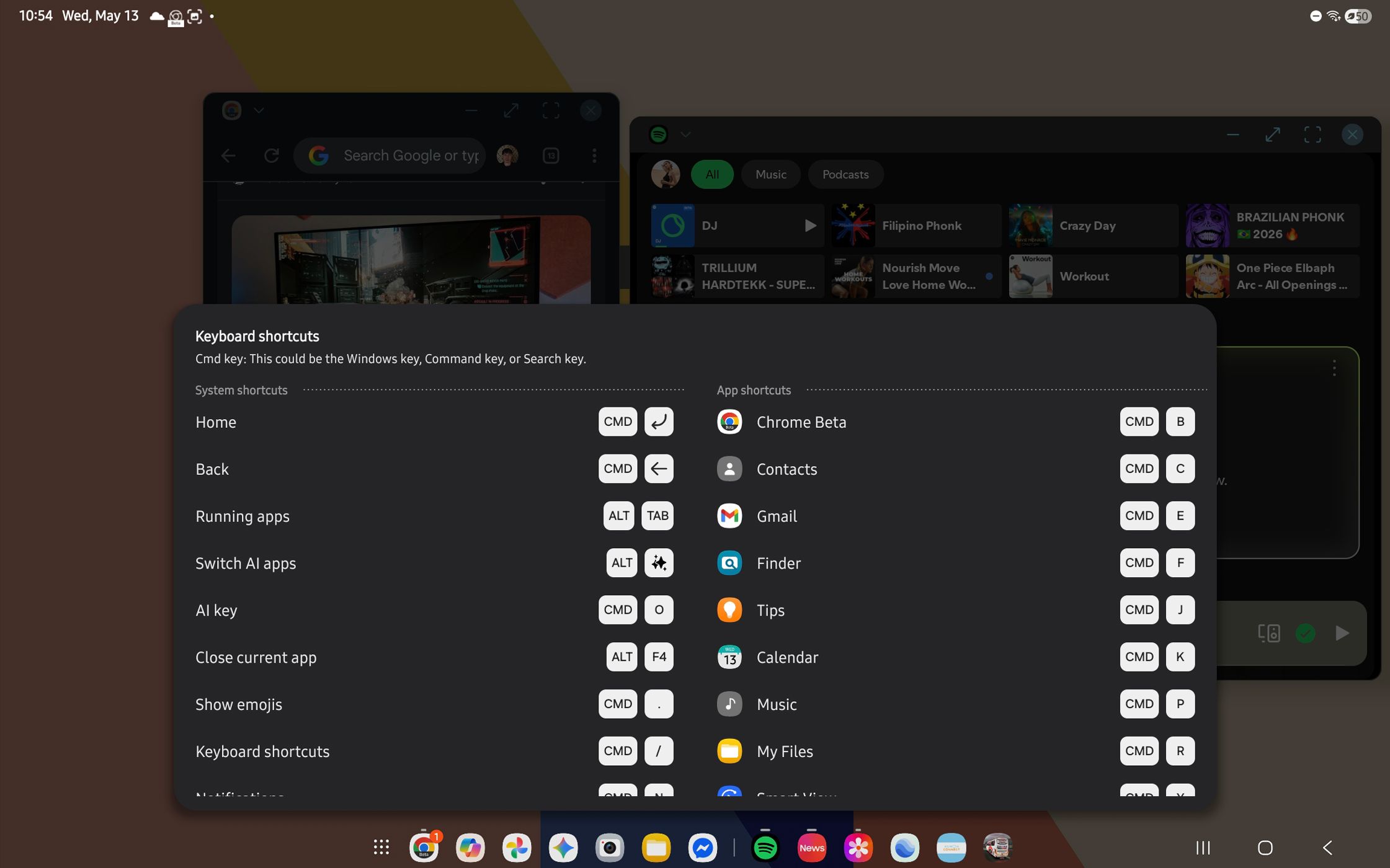 The keyboard shortcuts shown on a Samsung Galaxy Tab S10 FE in DeX mode.