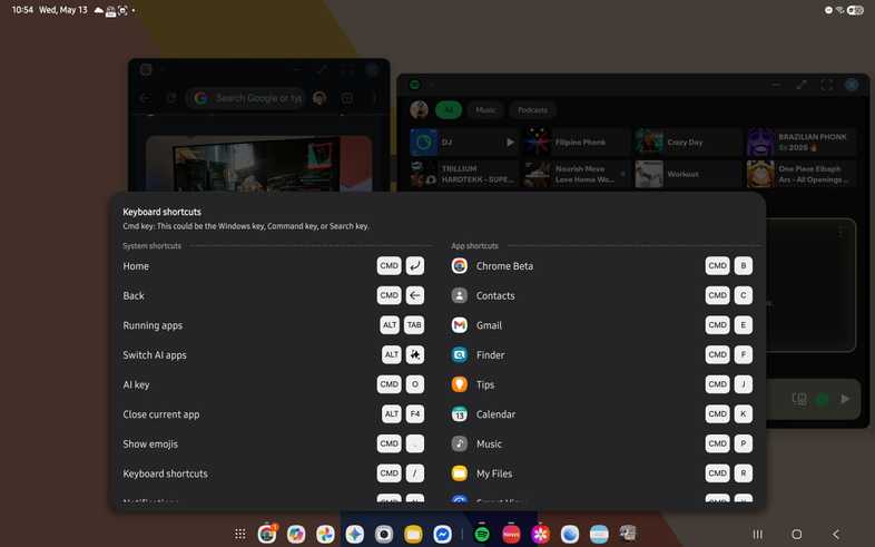 The keyboard shortcuts shown on a Samsung Galaxy Tab S10 FE in DeX mode.