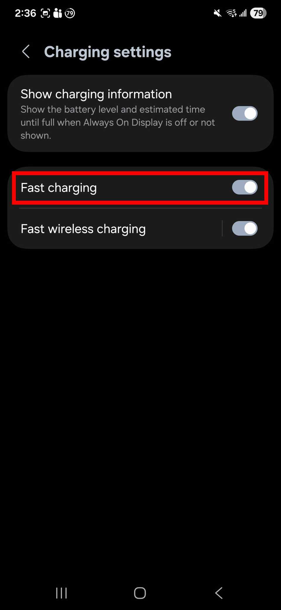 Red rectangle outline highlighting the Fast charging toggle in Charging settings