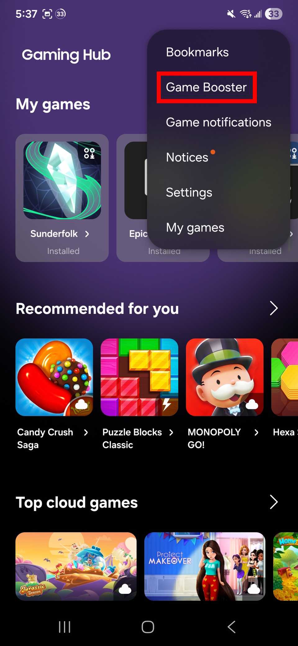 Red rectangle outline over Game Booster in Samsung Gaming Hub