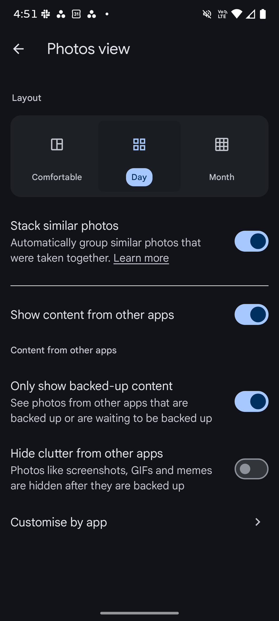 Screenshot showing the hide clutter toggle in Google Photos