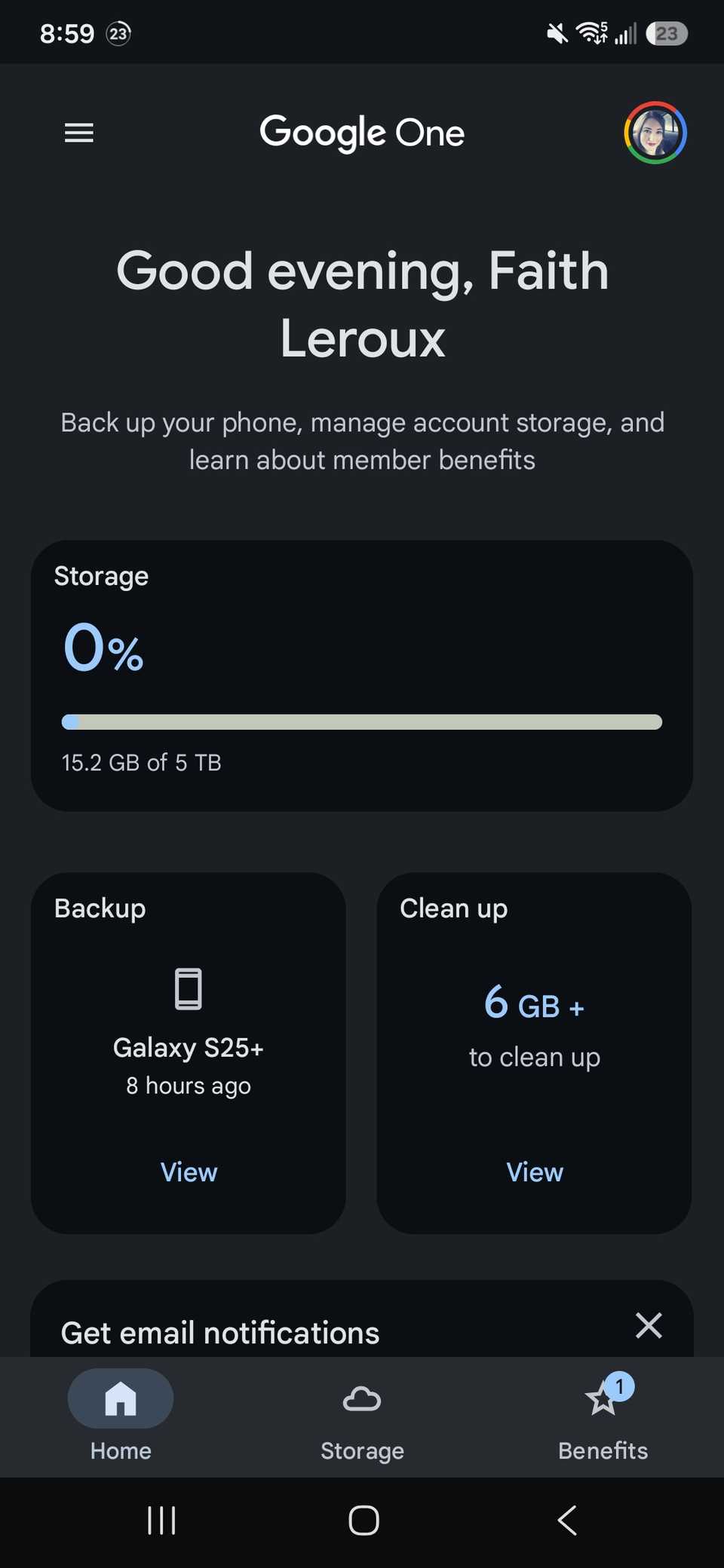 Google One app showing the 5TB of storage is barely touched at 0% calculation