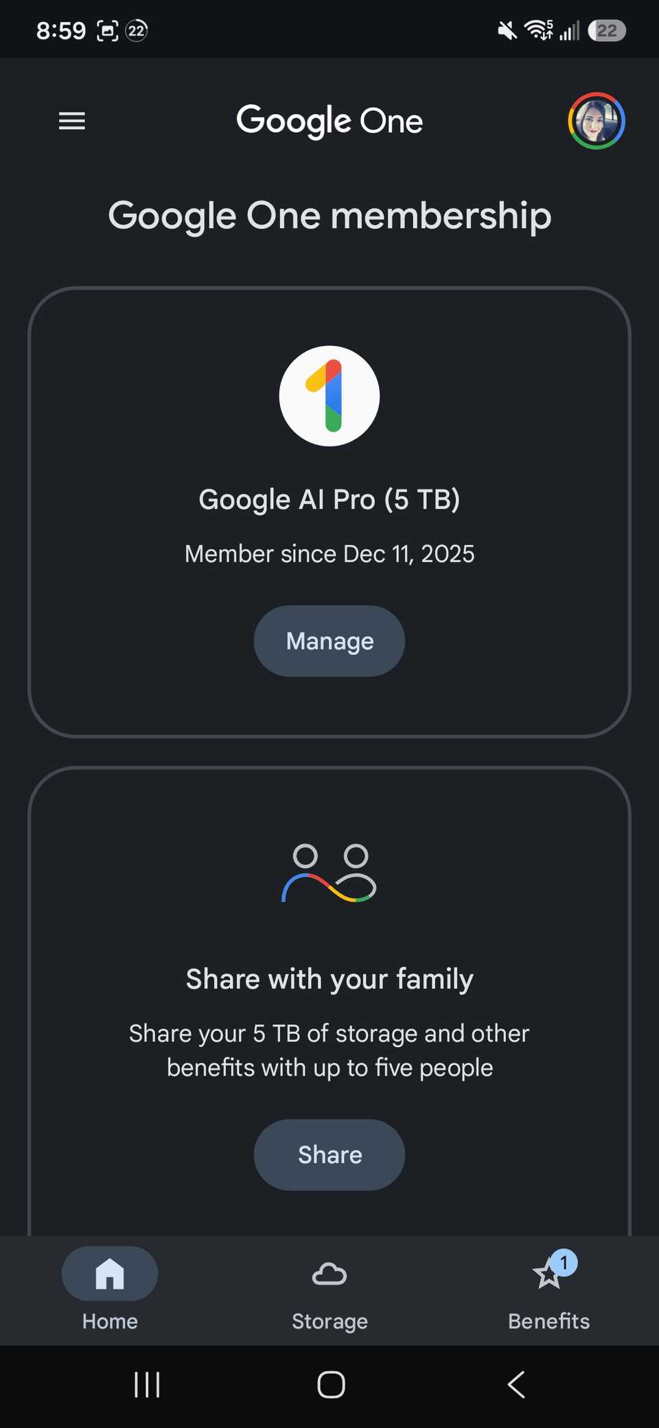 Google One member plan and family share option in the Google One app