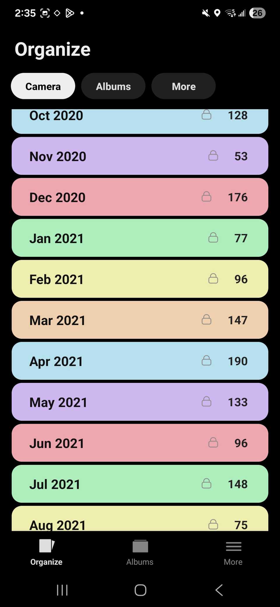 a list of locked older albums by month on the Slidebox app free tier