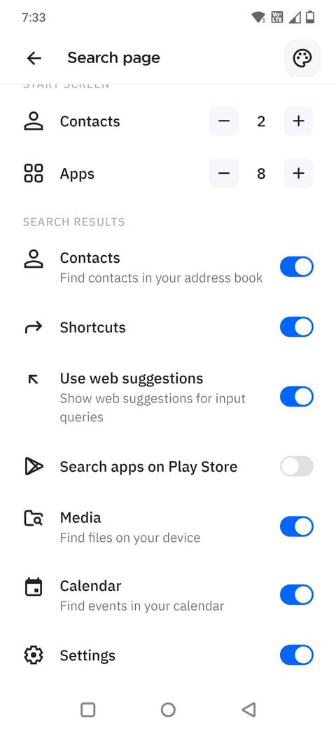 Screenshot showing the search settings in Smart Launcher 6