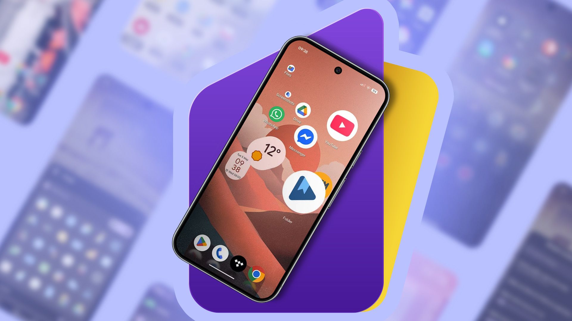 Smartphone showing a custom Octopi Launcher home screen with app icons, against an abstract geometric background.