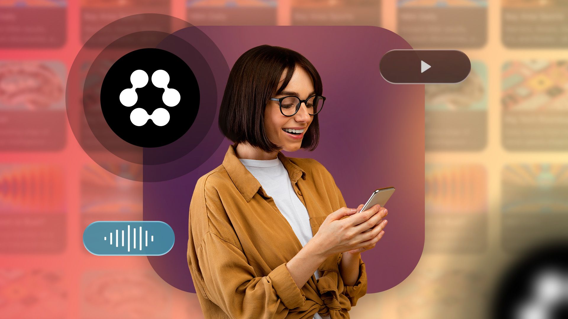 Smiling woman using a smartphone with the Huxe logo and floating media icons.