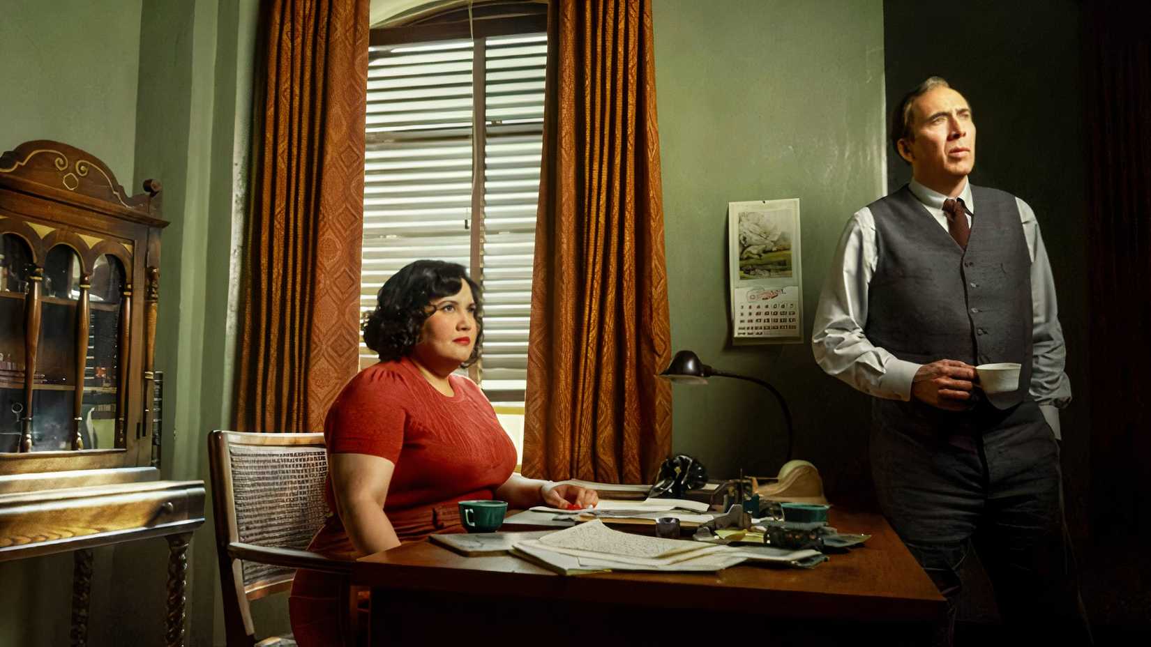 Karen Rodriguez and Nicolas Cage in a color shot from Spider-Noir.