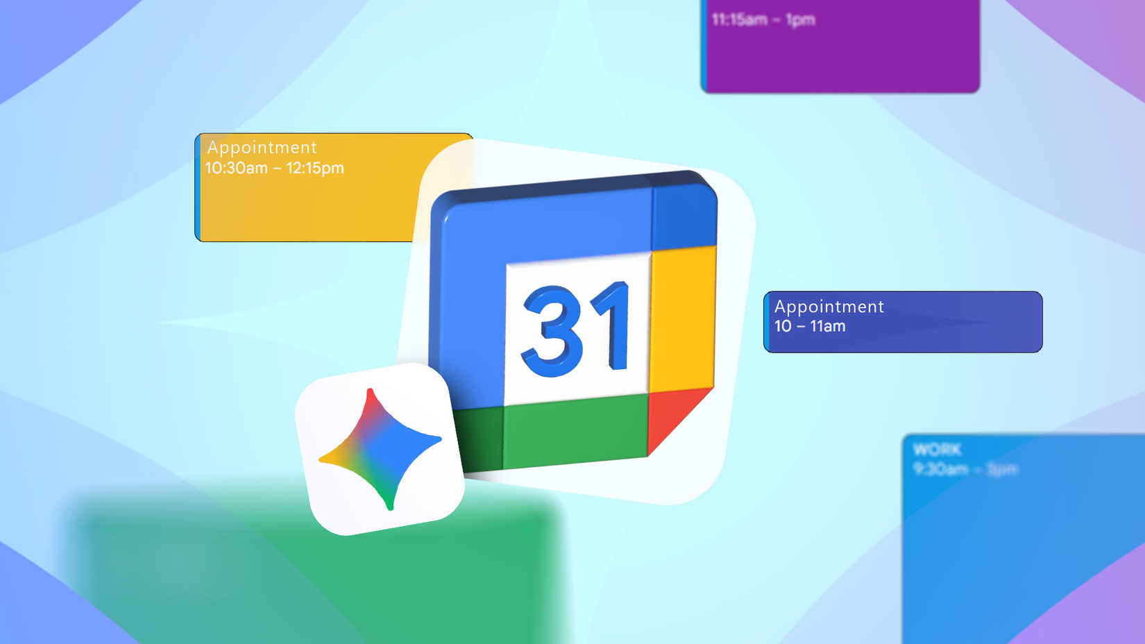 Os ícones do Gemini e do Google Agenda cercados por blocos flutuantes de agendamento de compromissos