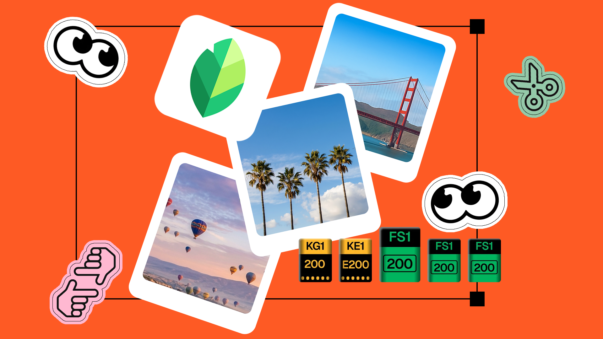 The Snapseed logo surrounded by photos, editing stickers, and icons on an orange background.