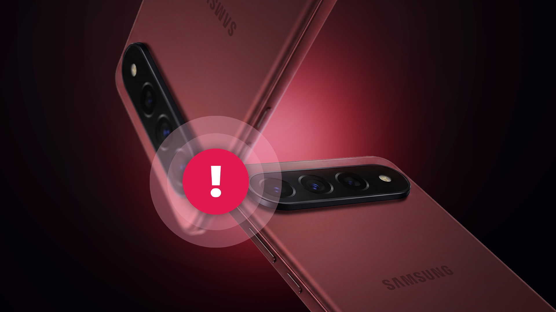 Two rumored Samsung S27 Ultra smartphones angled to show their rear camera modules, with a prominent red exclamation mark warning icon floating in the foreground.