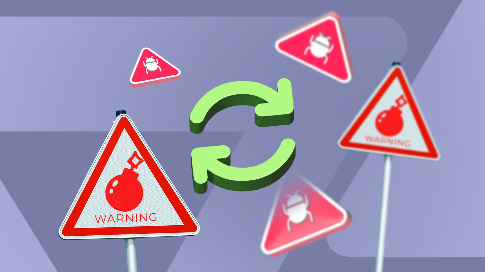Update icon surrounded by warning signs and bug alerts
