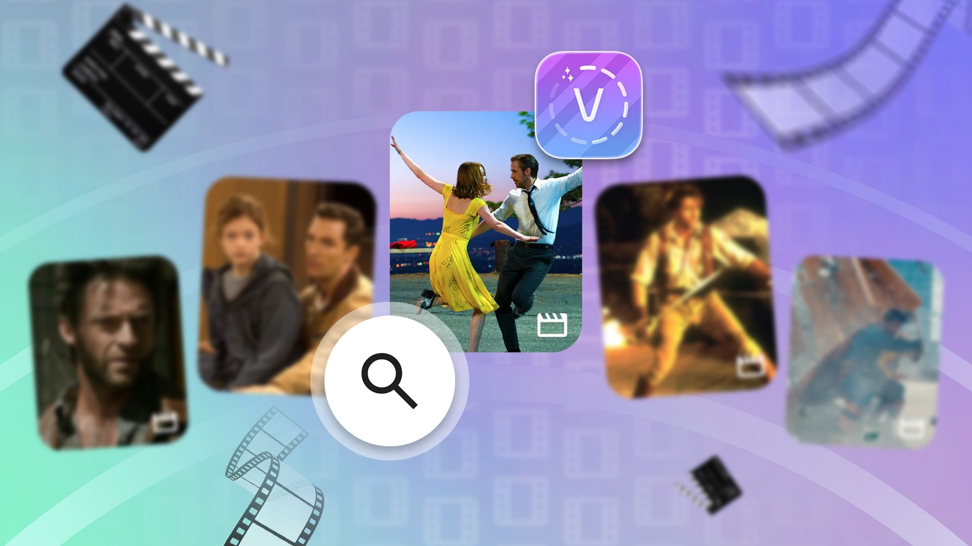 Voola app icon and a search magnifying glass surrounded by various movie scenes