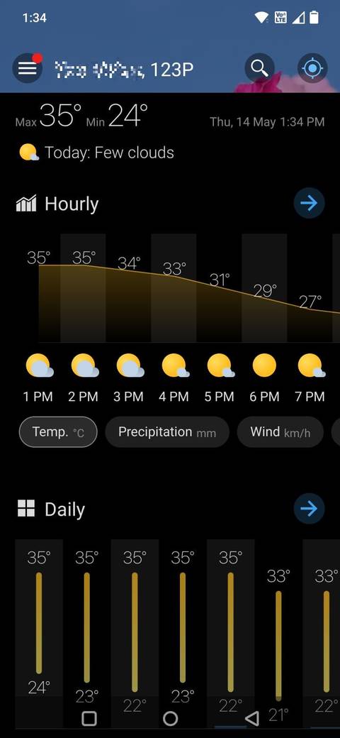 Screenshot showing the hourly and daily forecast in the Weawow weather app