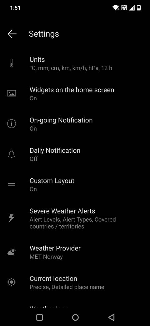 Screenshot showing the Settings page in the Weawow weather app