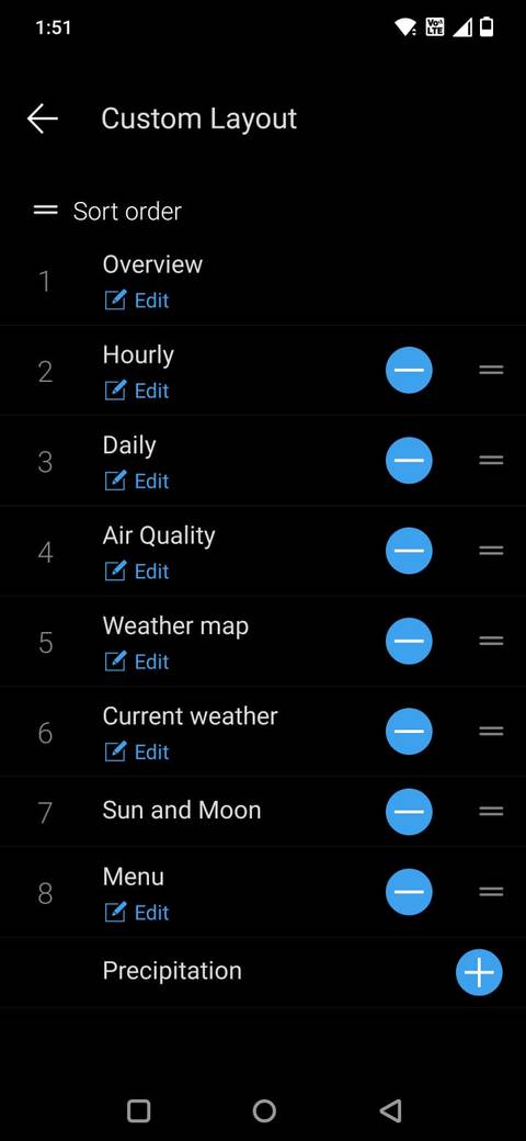 Screenshot showing the layout options in the Weawow weather app