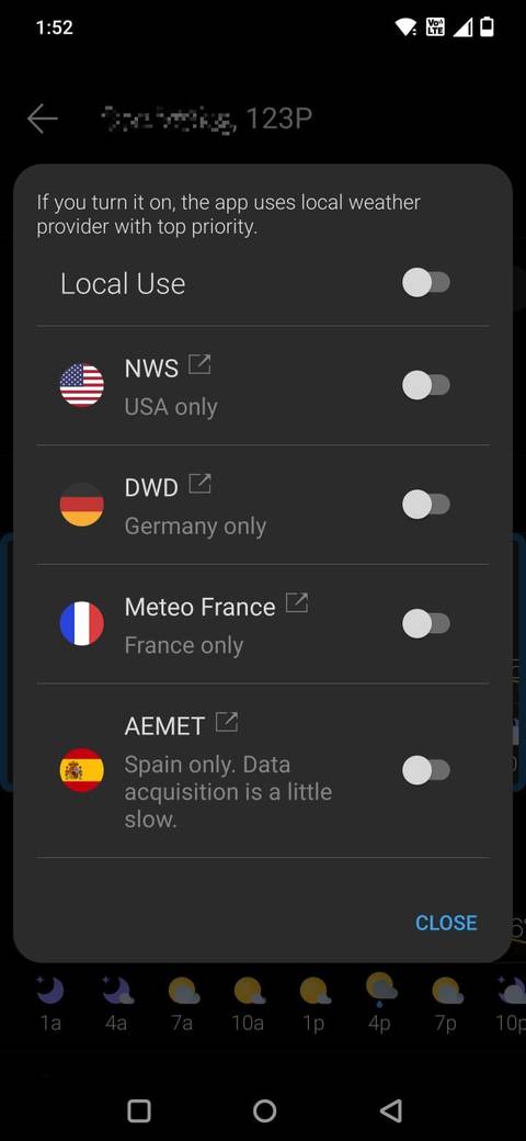 Screenshot showing the local weather sources in the Weawow app
