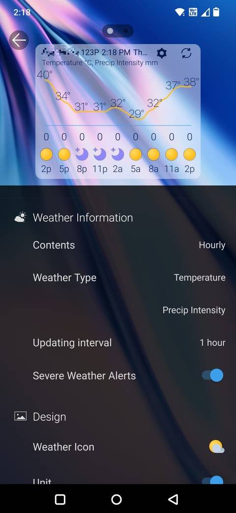 Screenshot showing the Weawow widget and settings