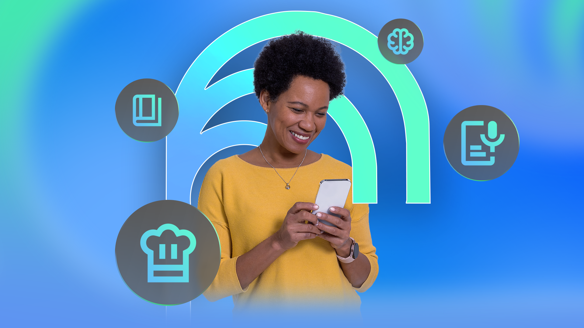 Woman using NotebookLM on her phone with icons for voice notes, meal planning, and organized ideas