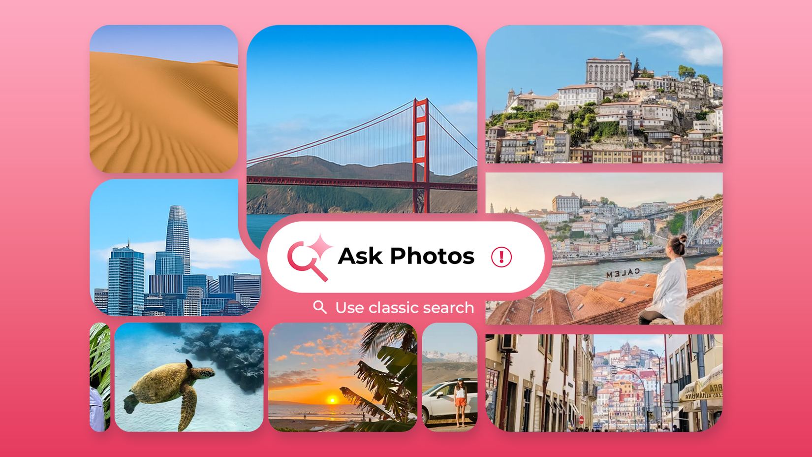 A collage of travel photos with an Ask Photos search button over a red background