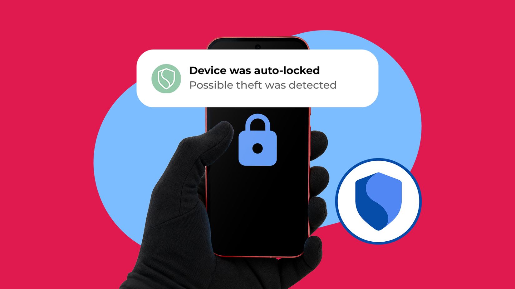 A gloved hand holding a locked phone with a theft protection alert.