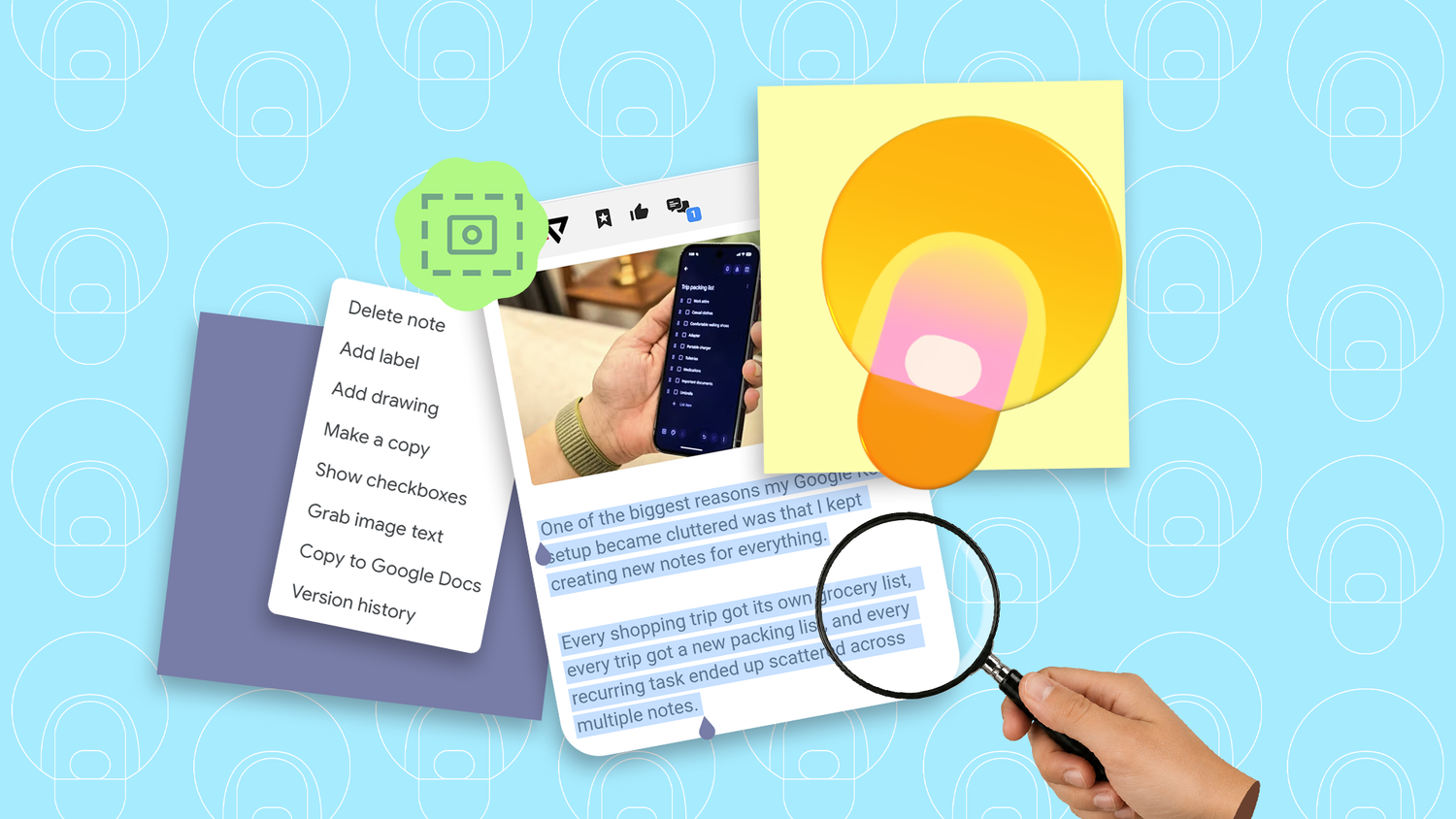 A Google Keep note shows the Grab image text option extracting searchable text from a screenshot