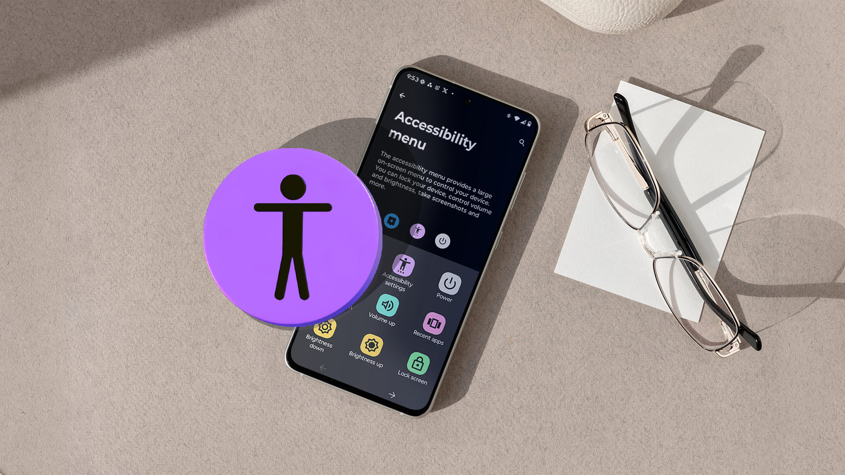 A phone showing the Android Accessibility Menu next to a large accessibility icon